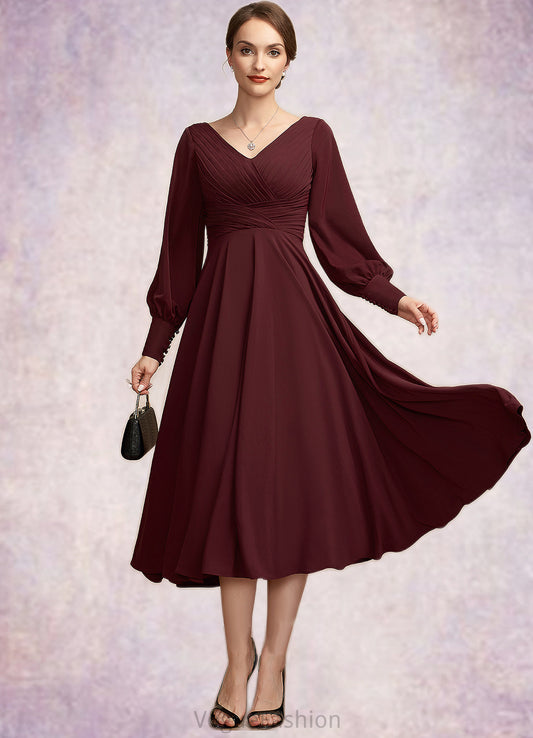 Valentina A-Line V-neck Tea-Length Mother of the Bride Dress With Ruffle DK126P0014948