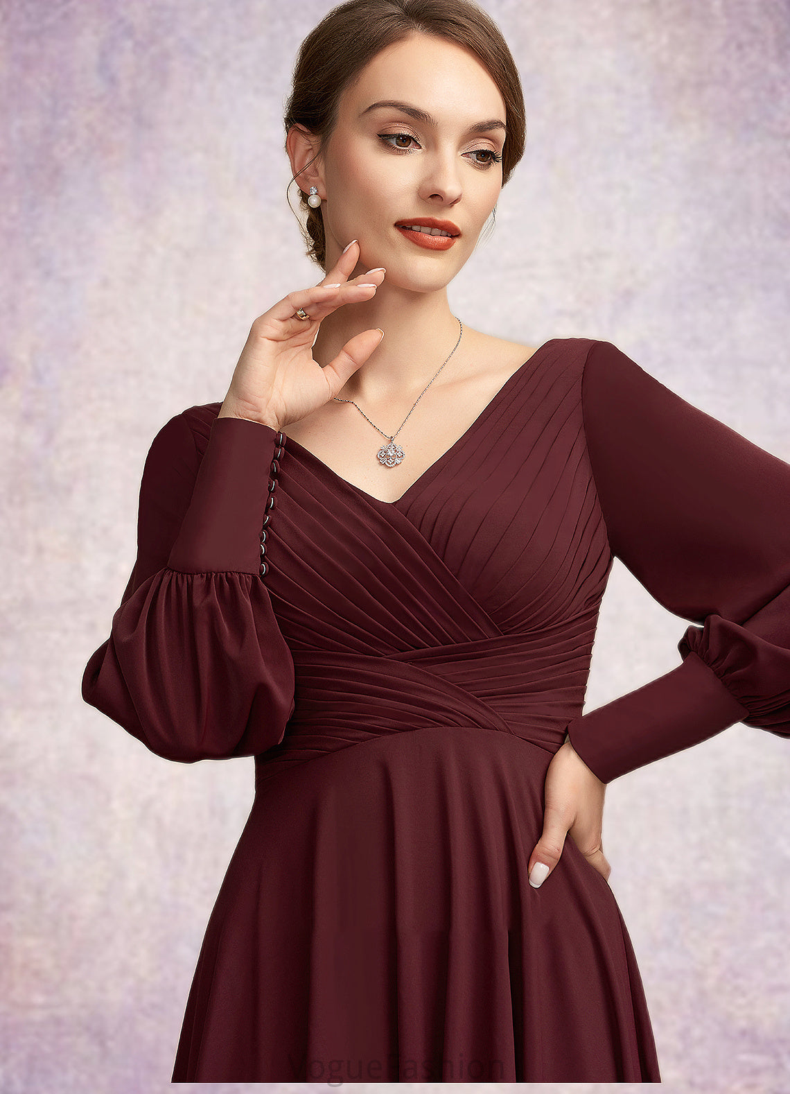 Valentina A-Line V-neck Tea-Length Mother of the Bride Dress With Ruffle DK126P0014948