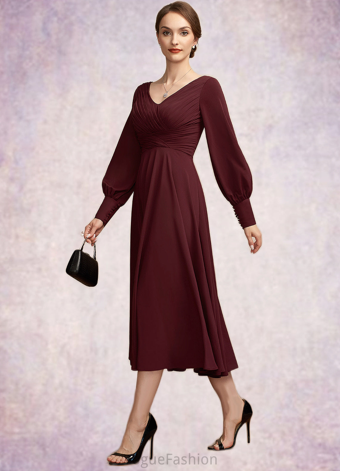 Valentina A-Line V-neck Tea-Length Mother of the Bride Dress With Ruffle DK126P0014948