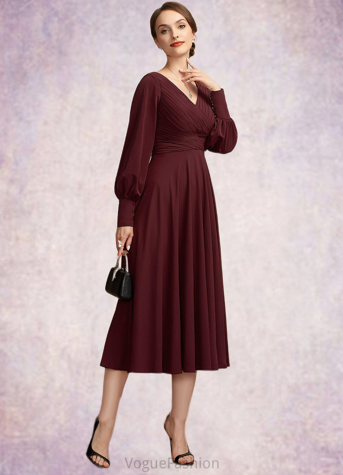 Valentina A-Line V-neck Tea-Length Mother of the Bride Dress With Ruffle DK126P0014948