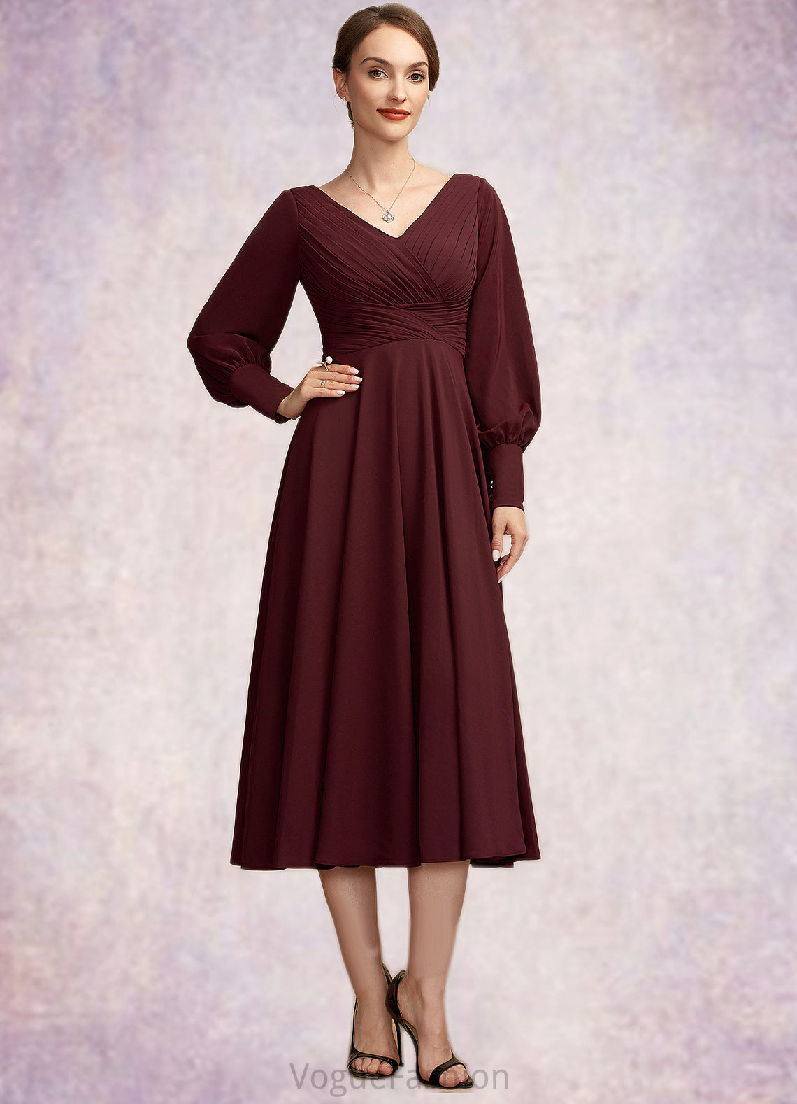 Valentina A-Line V-neck Tea-Length Mother of the Bride Dress With Ruffle DK126P0014948