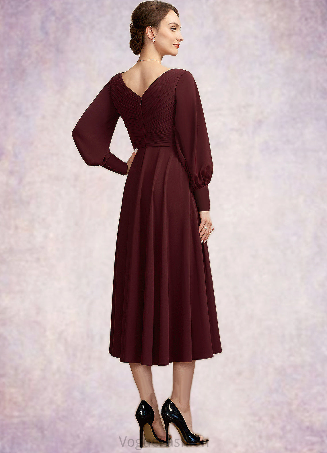 Valentina A-Line V-neck Tea-Length Mother of the Bride Dress With Ruffle DK126P0014948