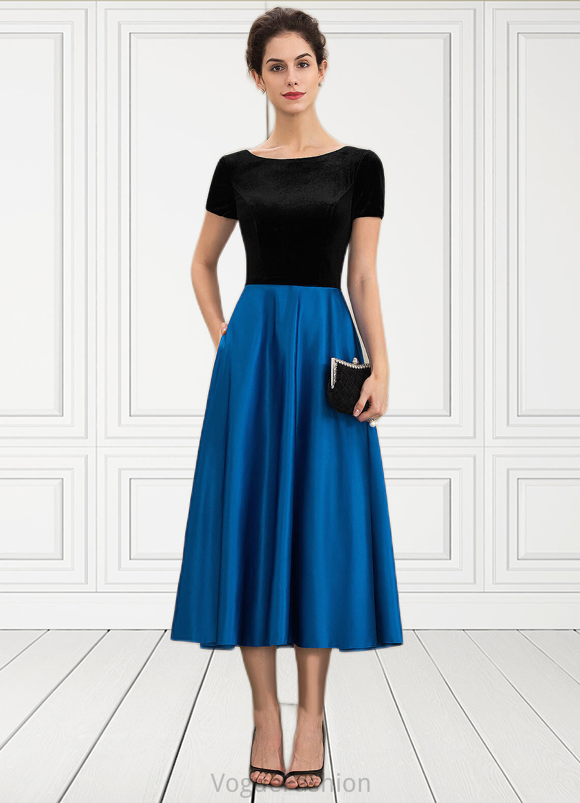 Ryann A-Line Scoop Neck Tea-Length Satin Velvet Mother of the Bride Dress With Pockets DK126P0014950