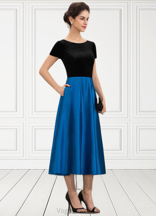 Ryann A-Line Scoop Neck Tea-Length Satin Velvet Mother of the Bride Dress With Pockets DK126P0014950