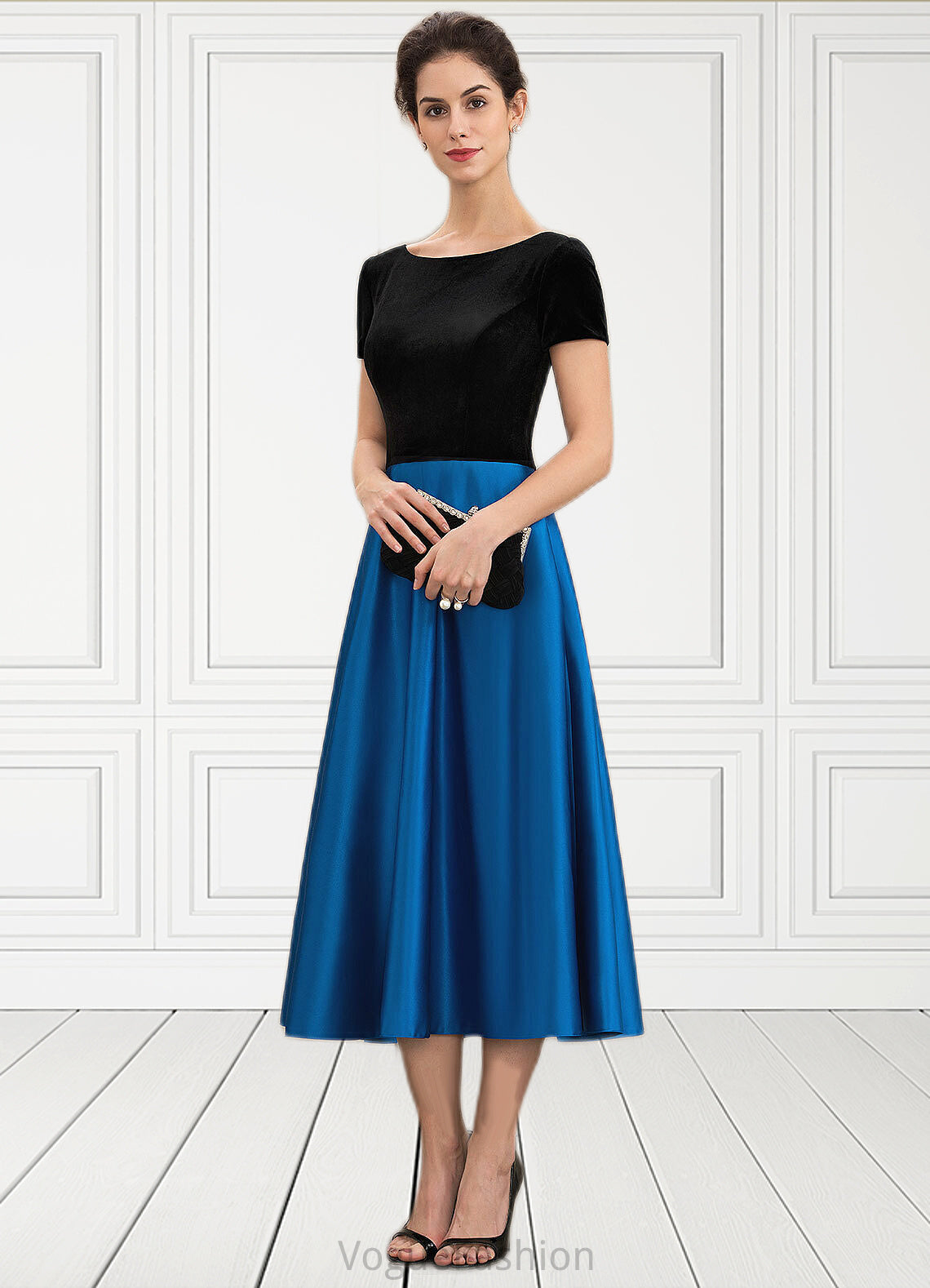 Ryann A-Line Scoop Neck Tea-Length Satin Velvet Mother of the Bride Dress With Pockets DK126P0014950