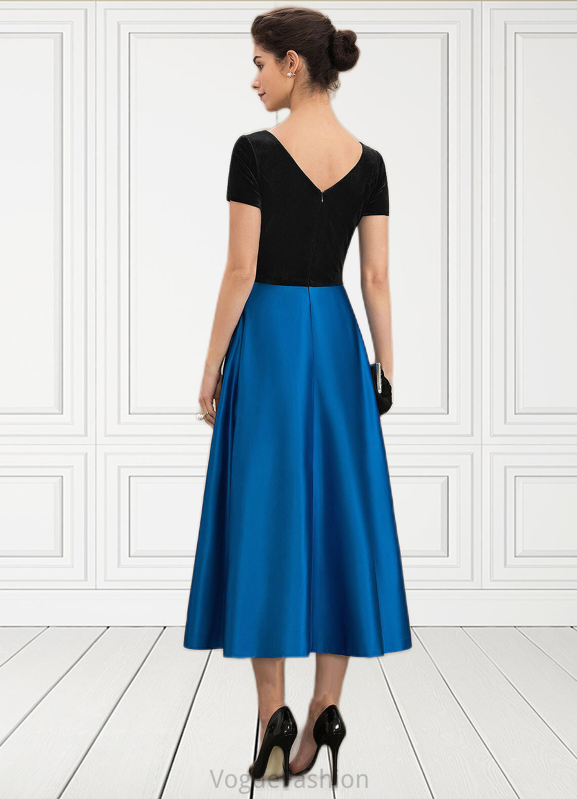 Ryann A-Line Scoop Neck Tea-Length Satin Velvet Mother of the Bride Dress With Pockets DK126P0014950