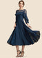 Luna A-Line Scoop Neck Tea-Length Chiffon Lace Mother of the Bride Dress With Beading Cascading Ruffles DK126P0014952