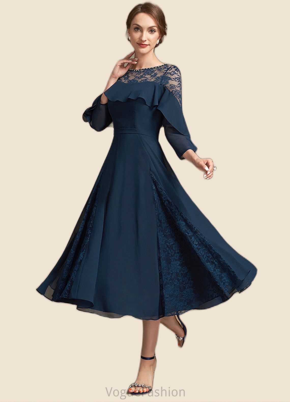 Luna A-Line Scoop Neck Tea-Length Chiffon Lace Mother of the Bride Dress With Beading Cascading Ruffles DK126P0014952