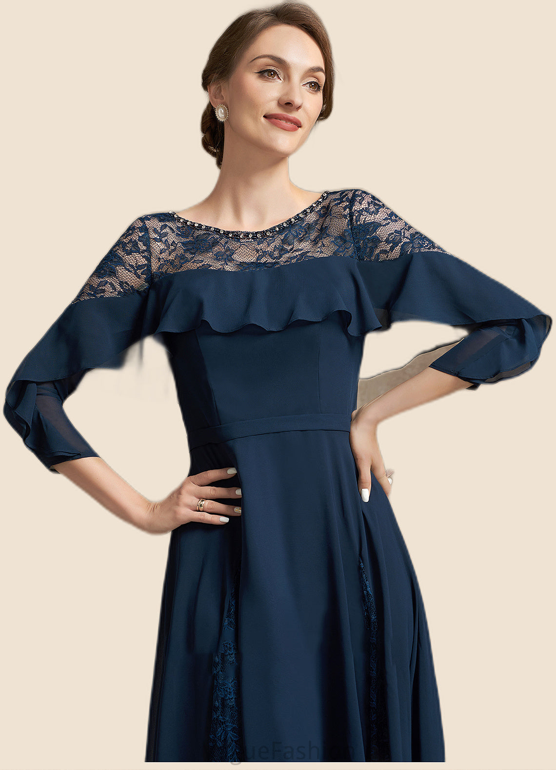 Luna A-Line Scoop Neck Tea-Length Chiffon Lace Mother of the Bride Dress With Beading Cascading Ruffles DK126P0014952