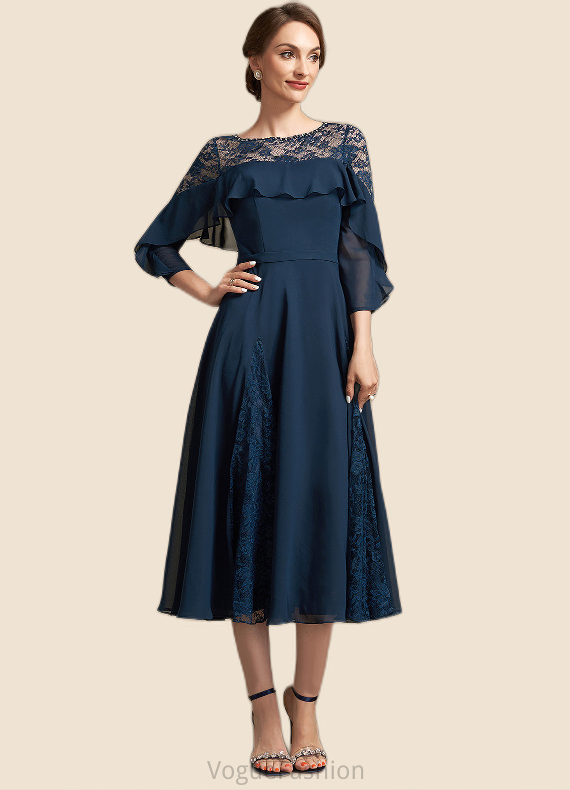 Luna A-Line Scoop Neck Tea-Length Chiffon Lace Mother of the Bride Dress With Beading Cascading Ruffles DK126P0014952