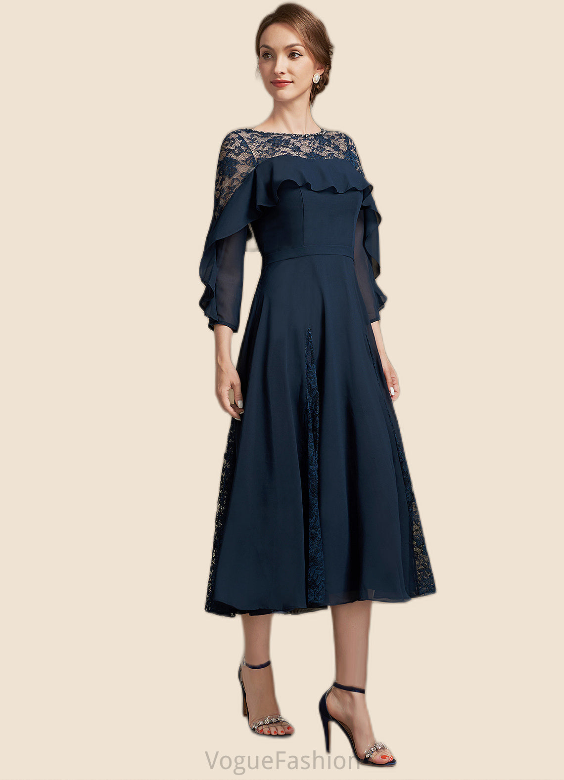 Luna A-Line Scoop Neck Tea-Length Chiffon Lace Mother of the Bride Dress With Beading Cascading Ruffles DK126P0014952