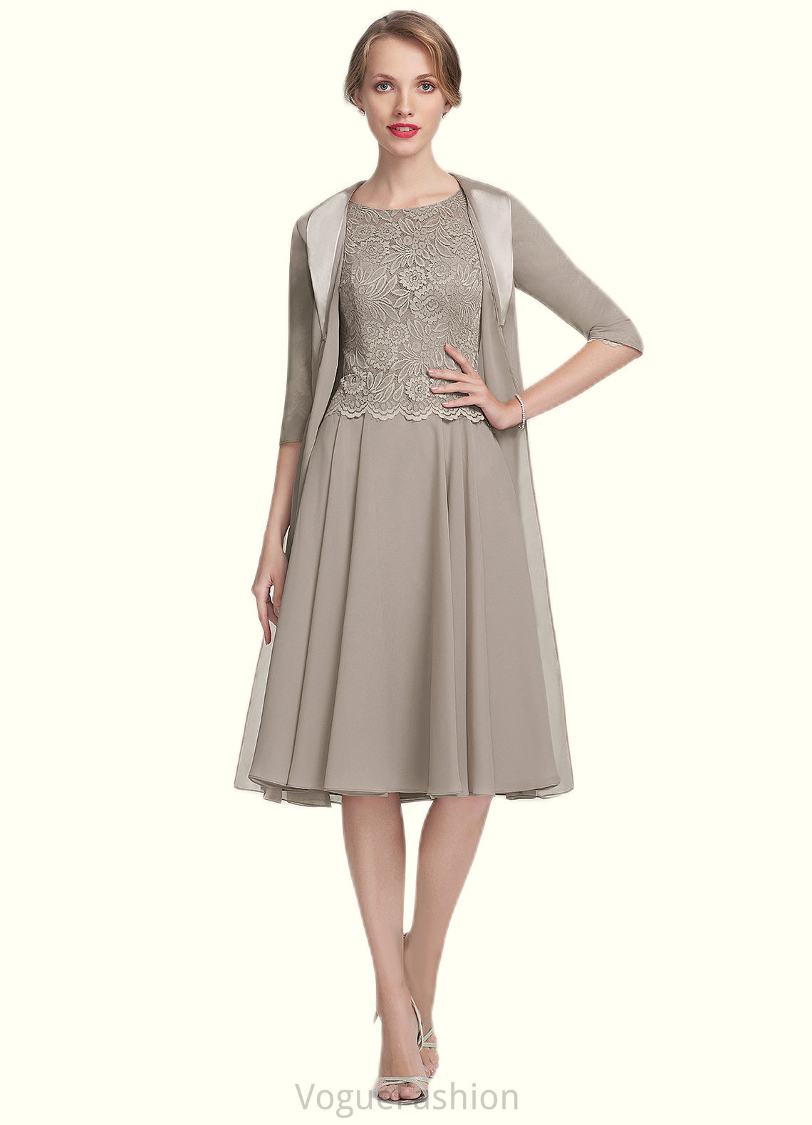 Louise A-Line Scoop Neck Knee-Length Chiffon Lace Mother of the Bride Dress DK126P0014955