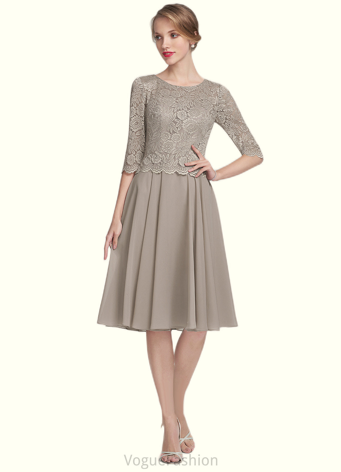 Louise A-Line Scoop Neck Knee-Length Chiffon Lace Mother of the Bride Dress DK126P0014955