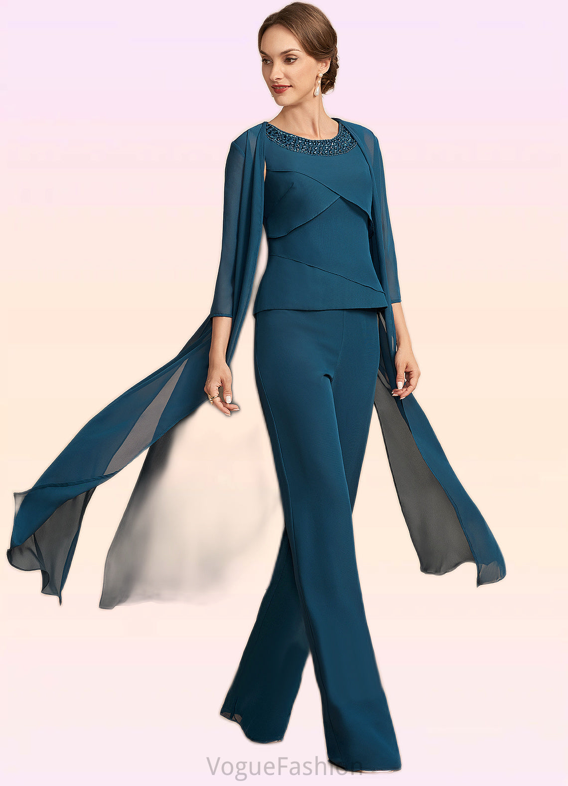 Willow Jumpsuit/Pantsuit Scoop Neck Floor-Length Chiffon Mother of the Bride Dress With Beading Cascading Ruffles DK126P0014956