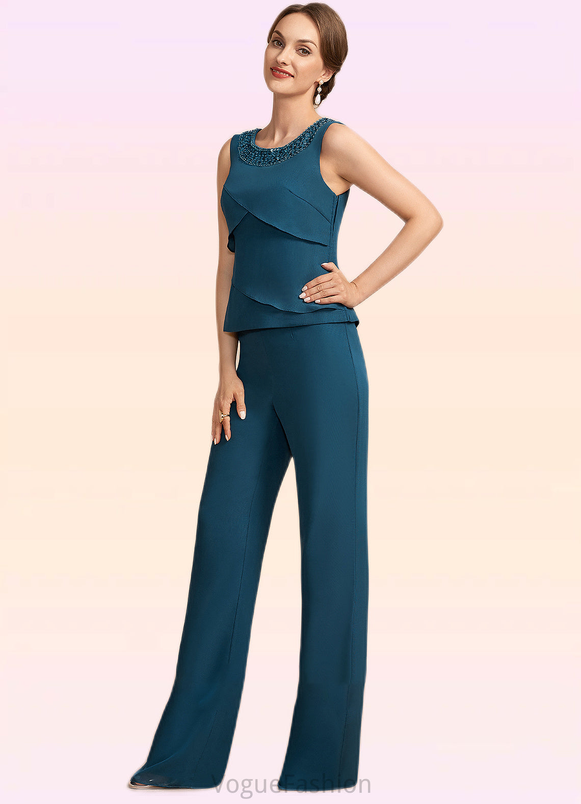 Willow Jumpsuit/Pantsuit Scoop Neck Floor-Length Chiffon Mother of the Bride Dress With Beading Cascading Ruffles DK126P0014956