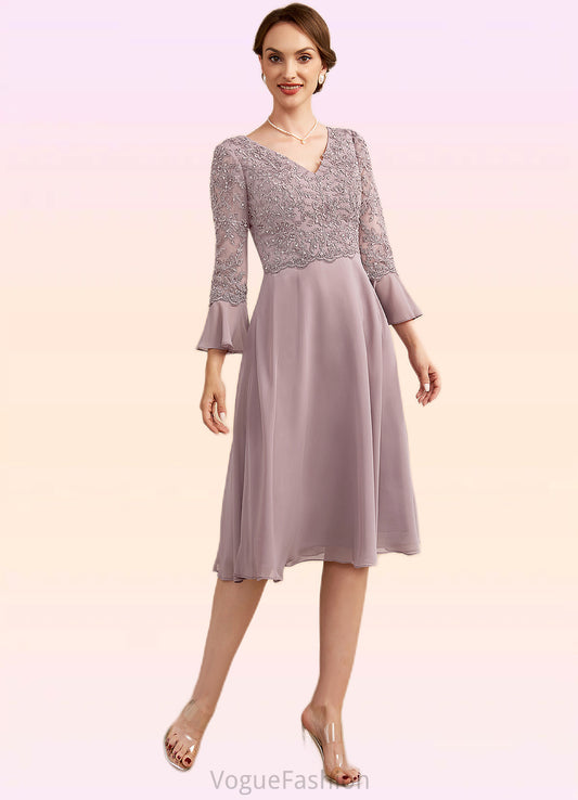 Madalynn A-Line V-neck Knee-Length Chiffon Lace Mother of the Bride Dress With Sequins Cascading Ruffles DK126P0014977