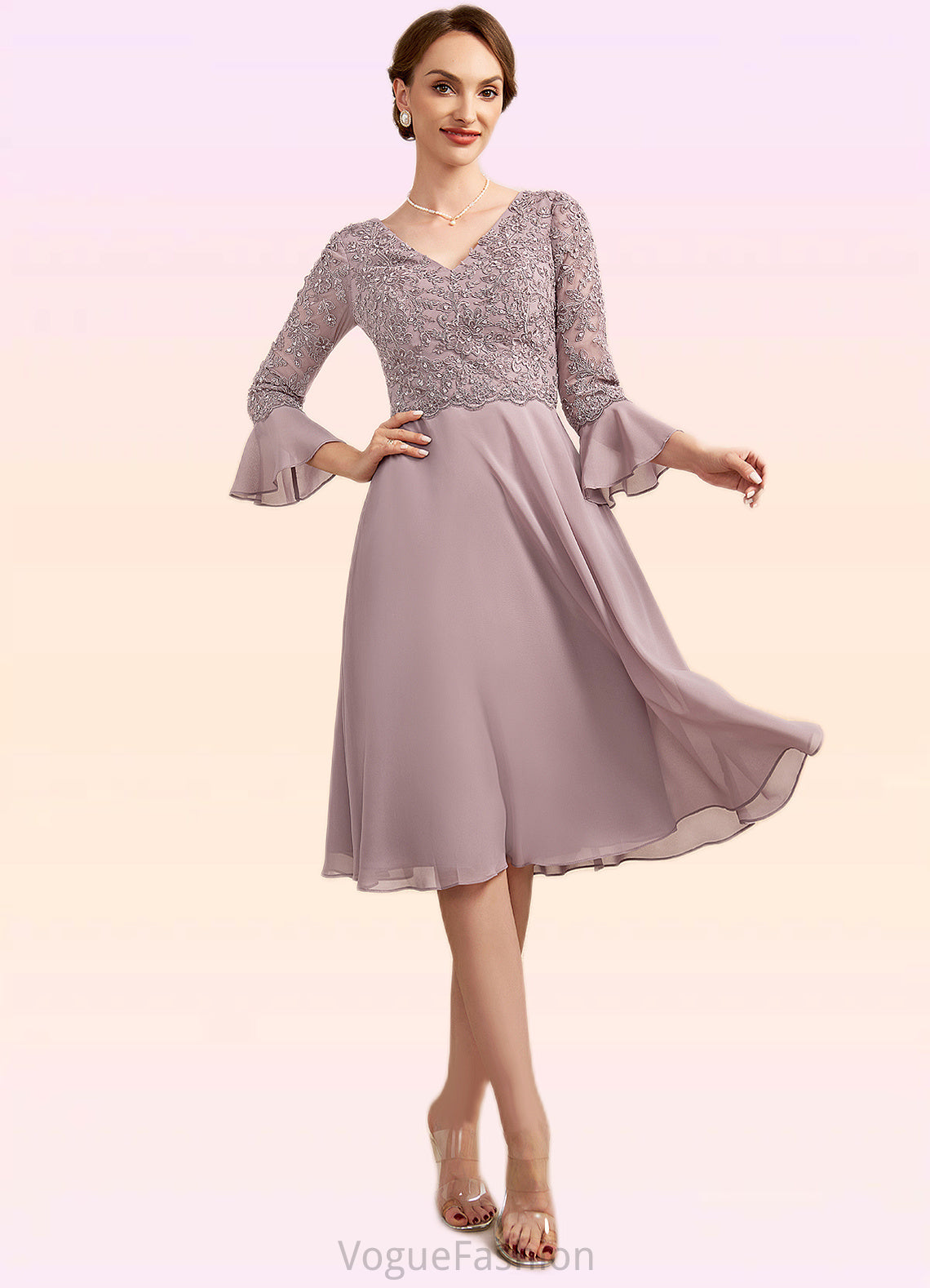 Madalynn A-Line V-neck Knee-Length Chiffon Lace Mother of the Bride Dress With Sequins Cascading Ruffles DK126P0014977