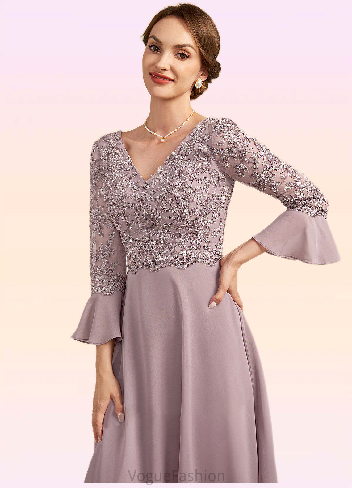 Madalynn A-Line V-neck Knee-Length Chiffon Lace Mother of the Bride Dress With Sequins Cascading Ruffles DK126P0014977