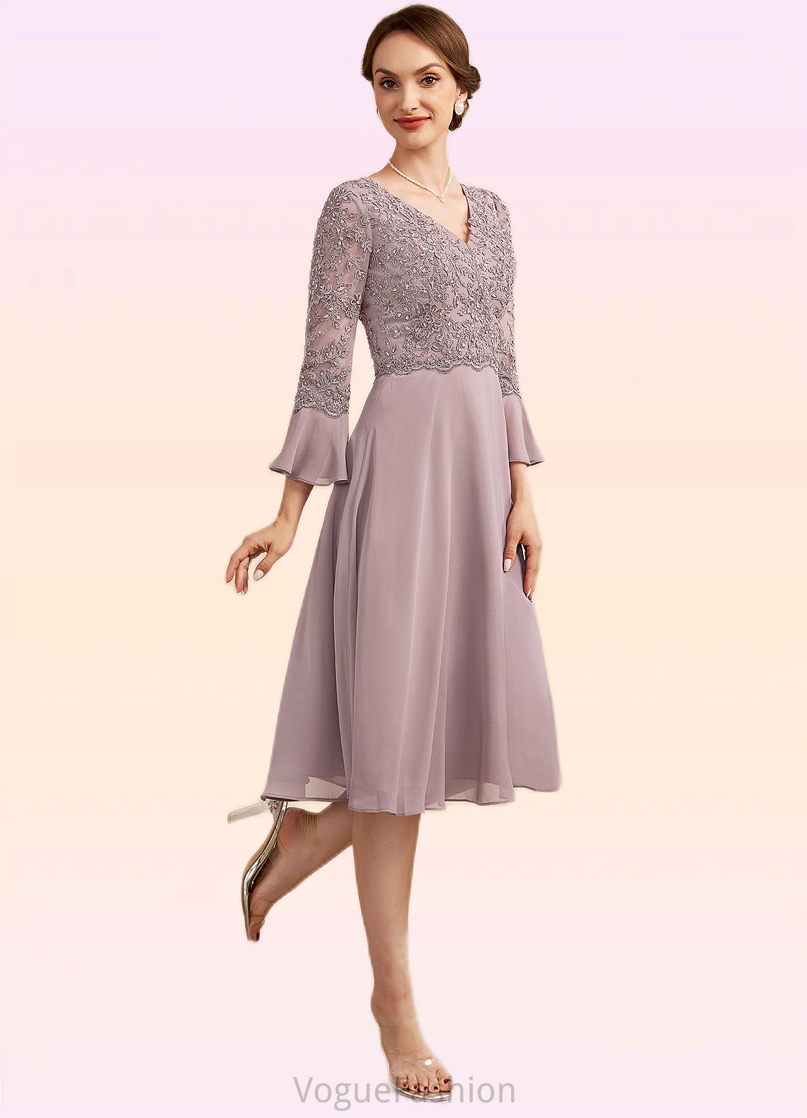 Madalynn A-Line V-neck Knee-Length Chiffon Lace Mother of the Bride Dress With Sequins Cascading Ruffles DK126P0014977