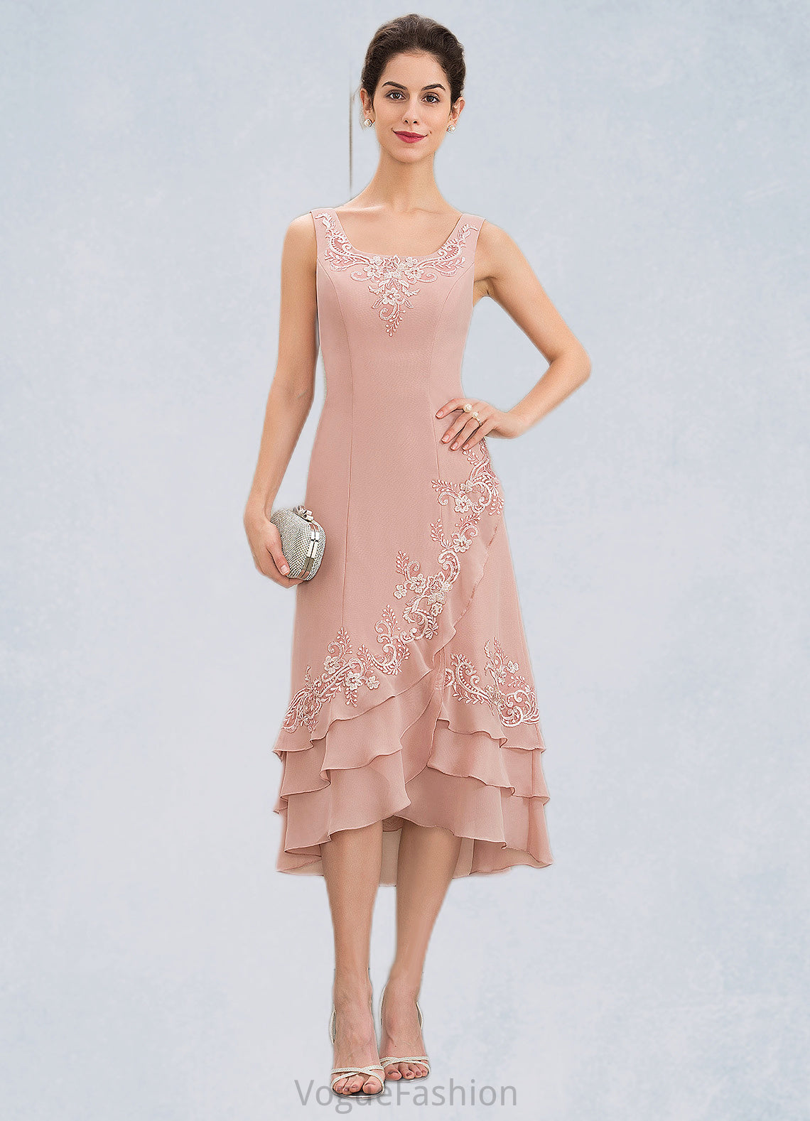 Giana A-Line Square Neckline Asymmetrical Chiffon Mother of the Bride Dress With Appliques Lace Cascading Ruffles DK126P0014978