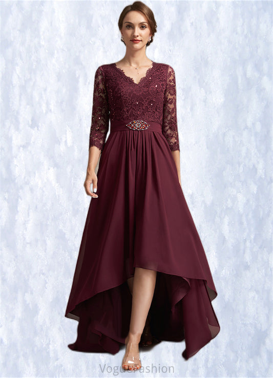 Genevieve A-Line V-neck Asymmetrical Chiffon Lace Mother of the Bride Dress With Beading Sequins DK126P0014980