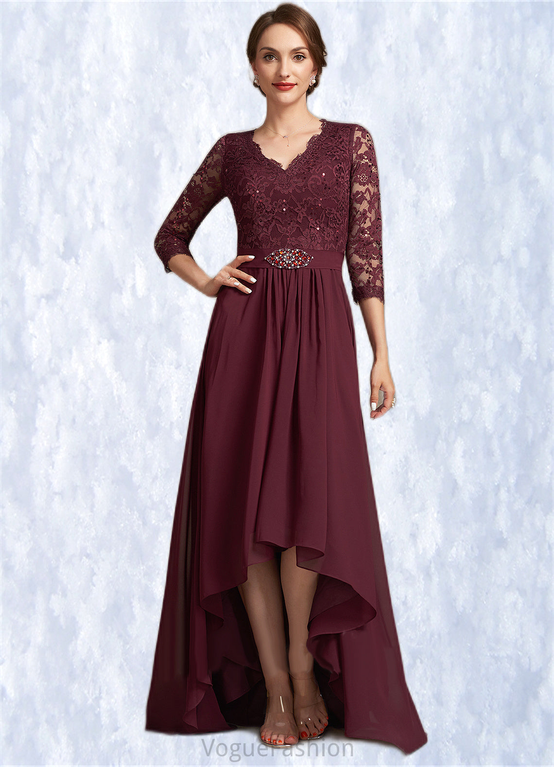 Genevieve A-Line V-neck Asymmetrical Chiffon Lace Mother of the Bride Dress With Beading Sequins DK126P0014980