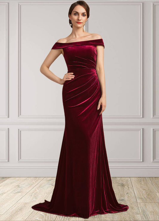 Marely Trumpet/Mermaid Off-the-Shoulder Sweep Train Velvet Mother of the Bride Dress With Ruffle DK126P0014988