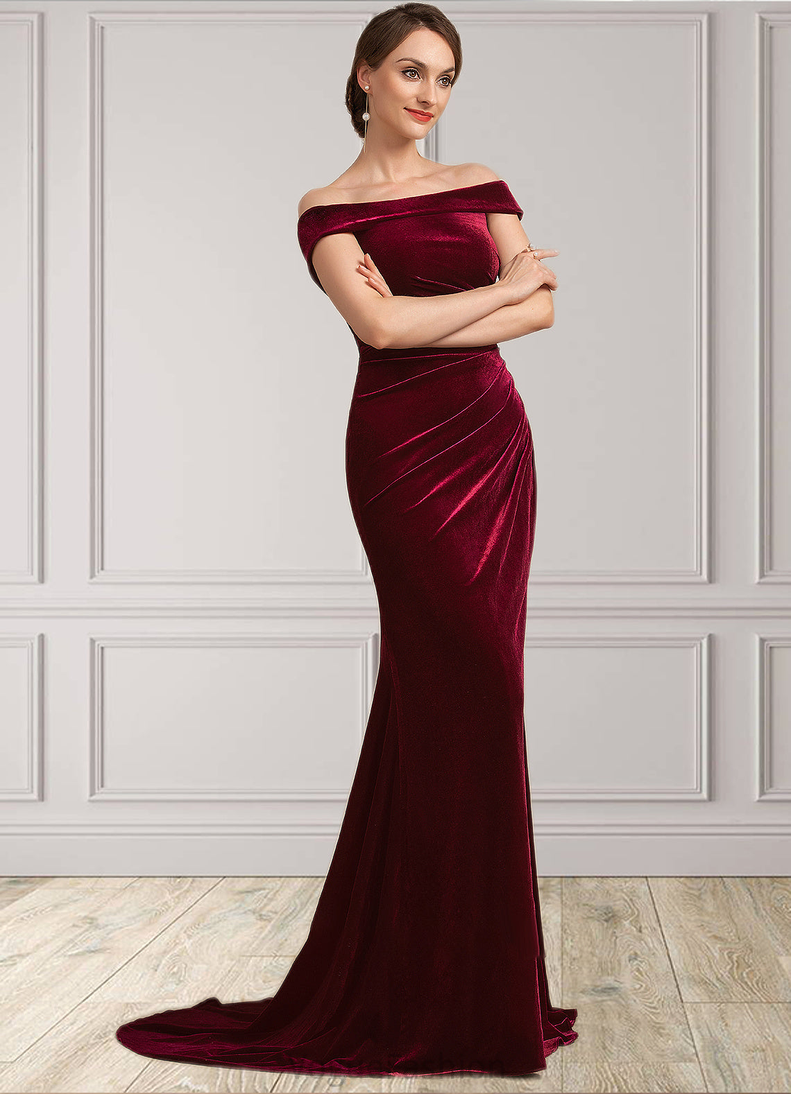 Marely Trumpet/Mermaid Off-the-Shoulder Sweep Train Velvet Mother of the Bride Dress With Ruffle DK126P0014988