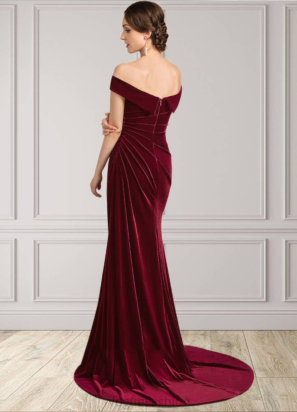 Marely Trumpet/Mermaid Off-the-Shoulder Sweep Train Velvet Mother of the Bride Dress With Ruffle DK126P0014988