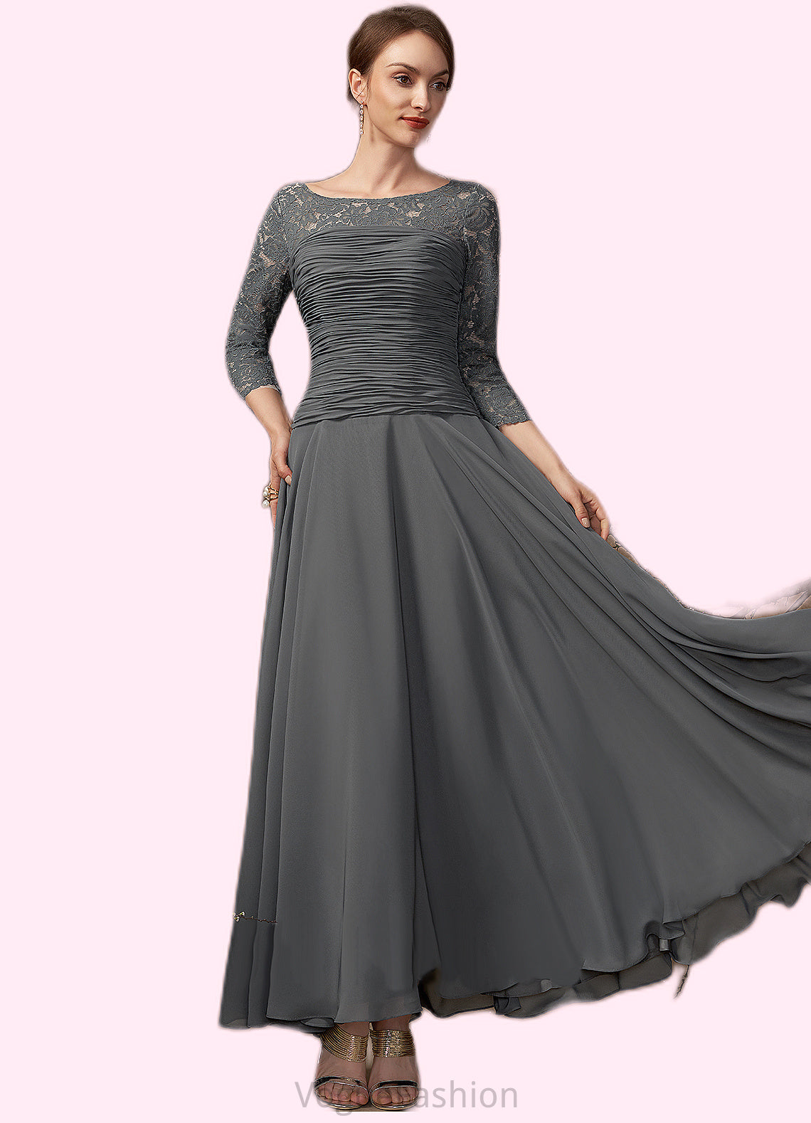 Delilah A-Line Scoop Neck Ankle-Length Chiffon Lace Mother of the Bride Dress With Ruffle DK126P0014990