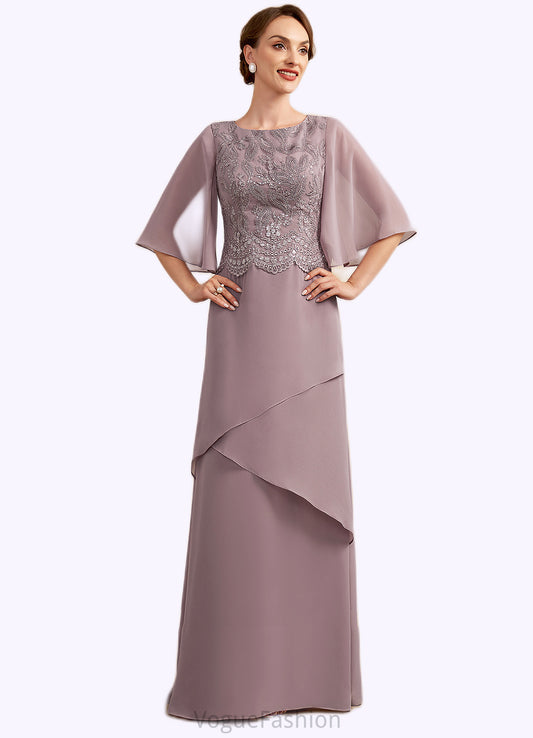 Tori A-Line Scoop Neck Floor-Length Chiffon Lace Mother of the Bride Dress With Sequins Cascading Ruffles DK126P0014991