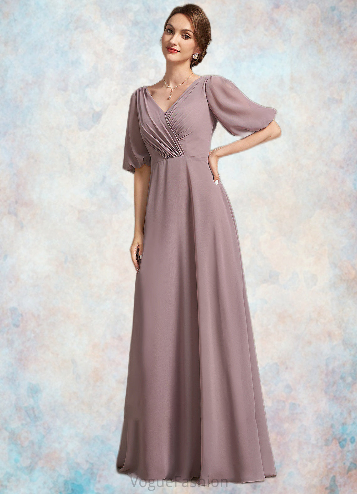 Ashtyn A-Line V-neck Floor-Length Chiffon Mother of the Bride Dress With Ruffle DK126P0014992