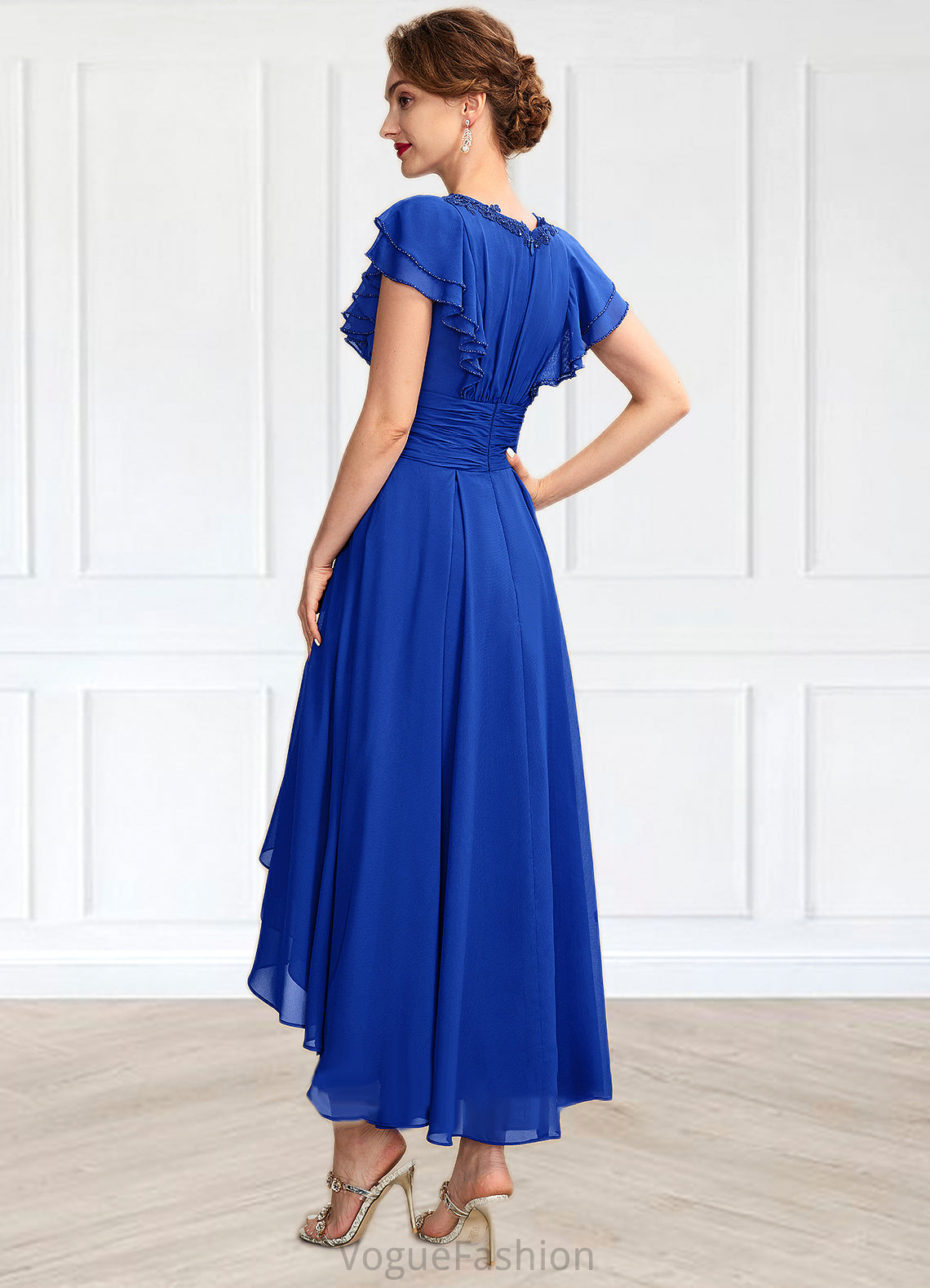 Sarai A-Line V-neck Asymmetrical Chiffon Mother of the Bride Dress With Beading Appliques Lace Sequins Cascading Ruffles DK126P0014994