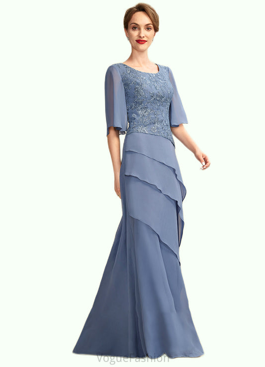 Urania A-Line Scoop Neck Floor-Length Chiffon Lace Mother of the Bride Dress With Sequins Cascading Ruffles DK126P0014997