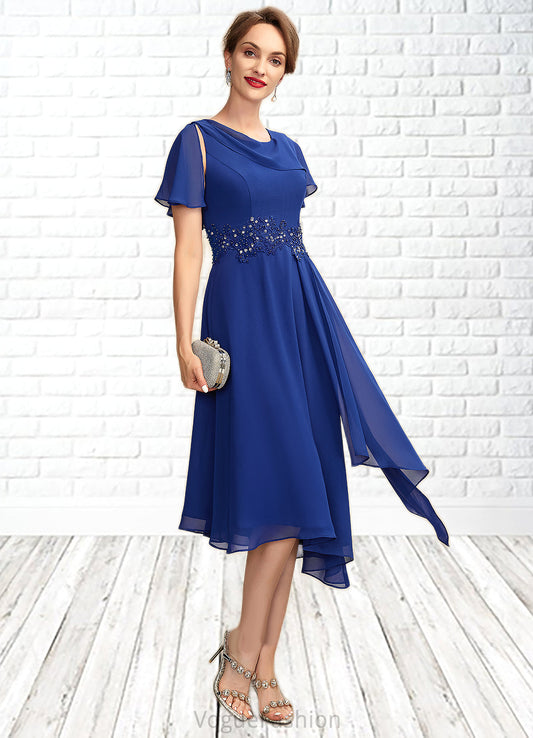 America A-Line Scoop Neck Asymmetrical Chiffon Mother of the Bride Dress With Beading Appliques Lace Cascading Ruffles DK126P0014998