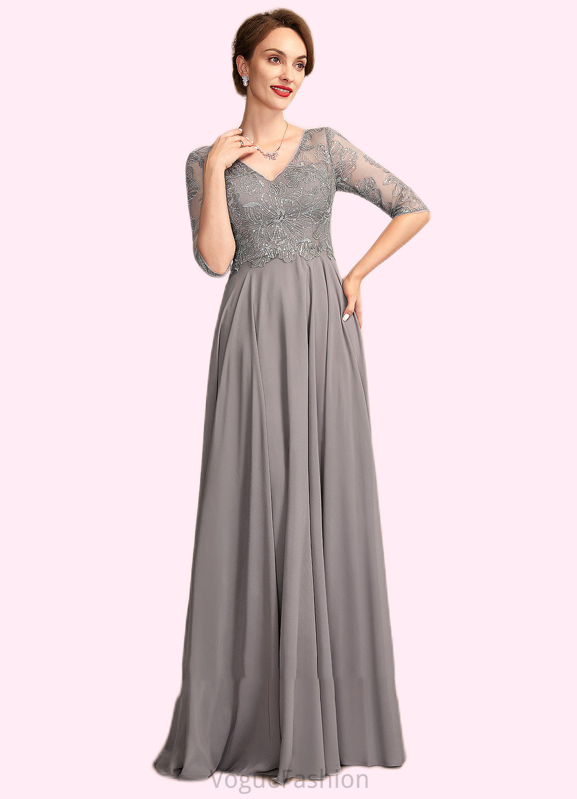 Marina A-Line V-neck Floor-Length Chiffon Lace Mother of the Bride Dress With Sequins DK126P0014999