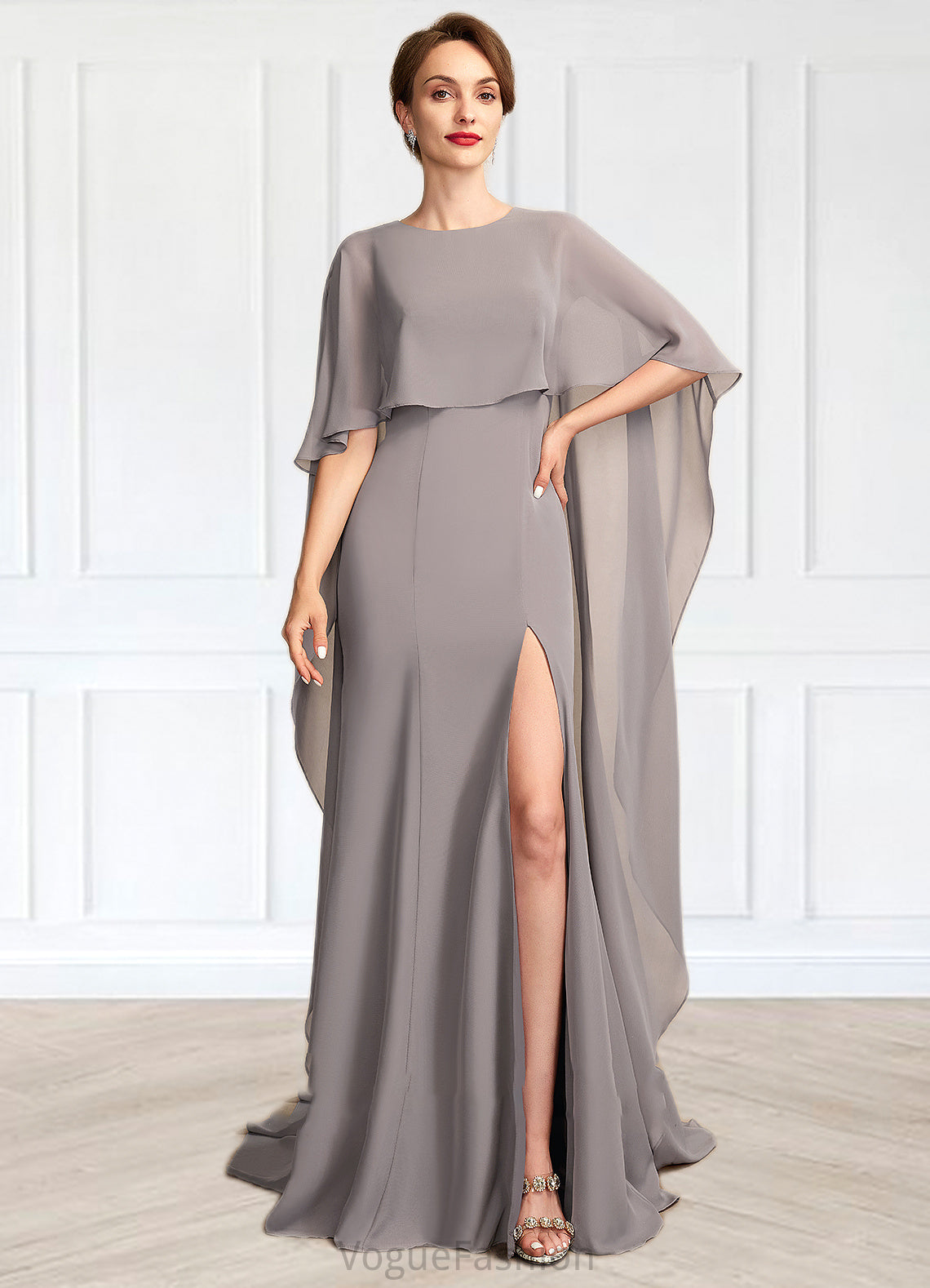 Luciana Sheath/Column Scoop Neck Sweep Train Chiffon Mother of the Bride Dress With Split Front DK126P0015000