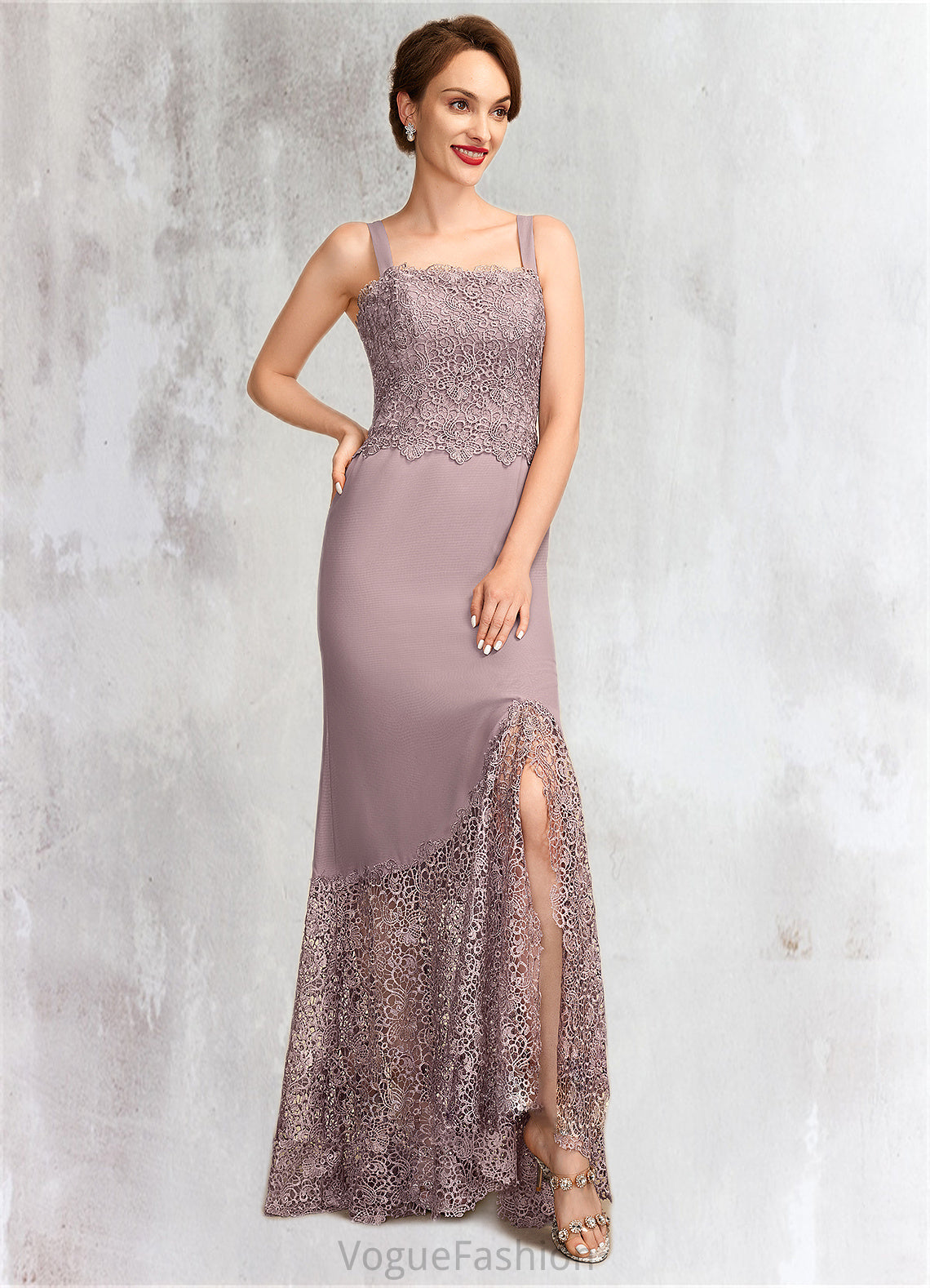 Whitney Trumpet/Mermaid Square Neckline Asymmetrical Chiffon Lace Mother of the Bride Dress DK126P0015001