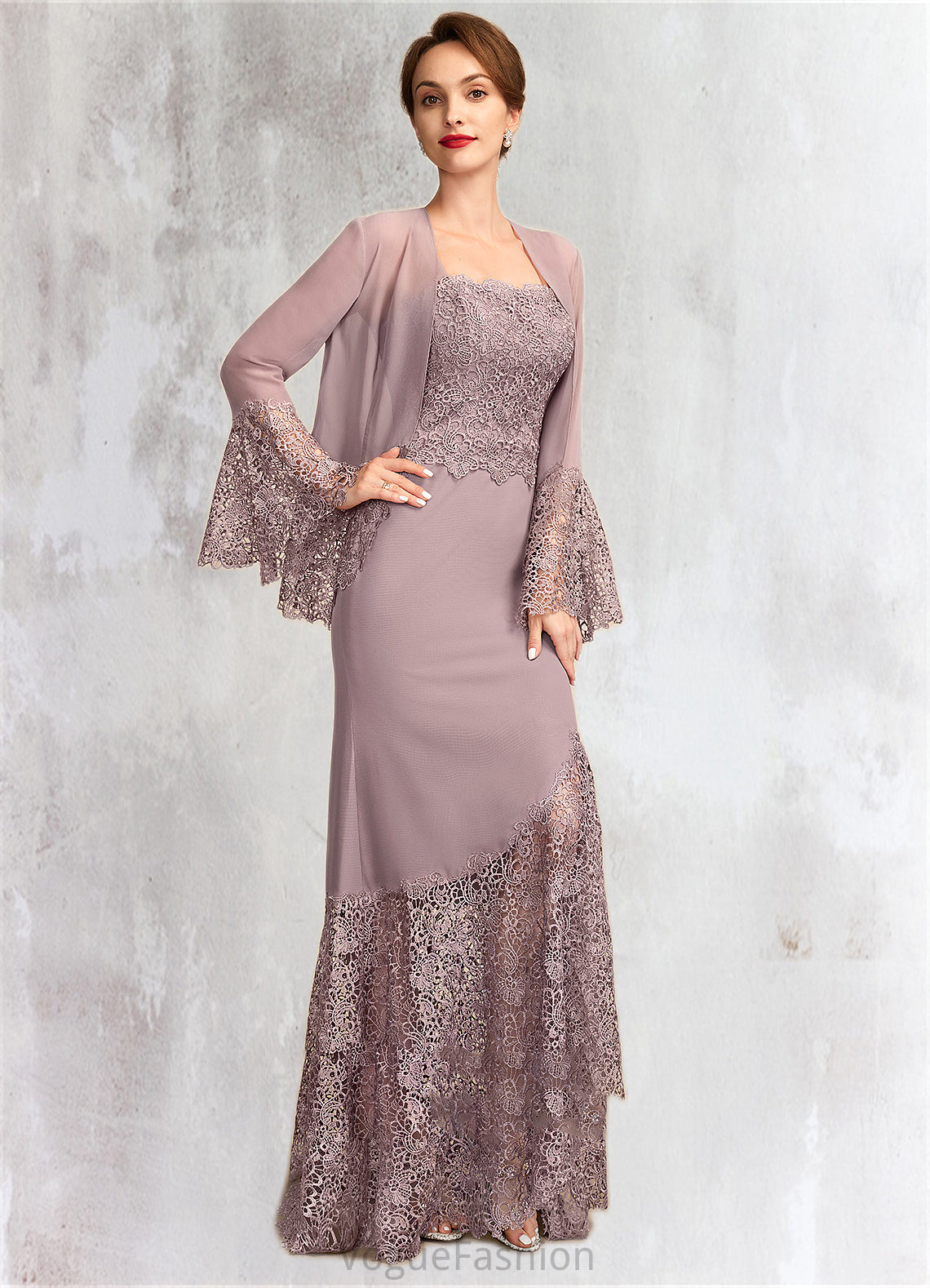 Whitney Trumpet/Mermaid Square Neckline Asymmetrical Chiffon Lace Mother of the Bride Dress DK126P0015001