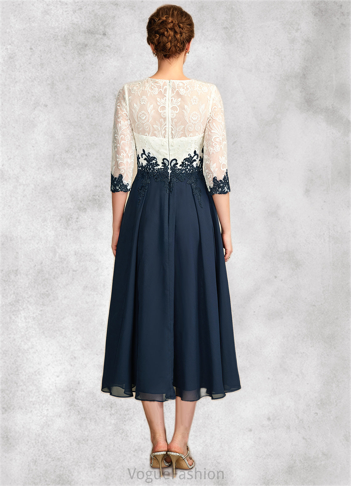 Ximena A-Line Scoop Neck Tea-Length Chiffon Lace Mother of the Bride Dress DK126P0015002