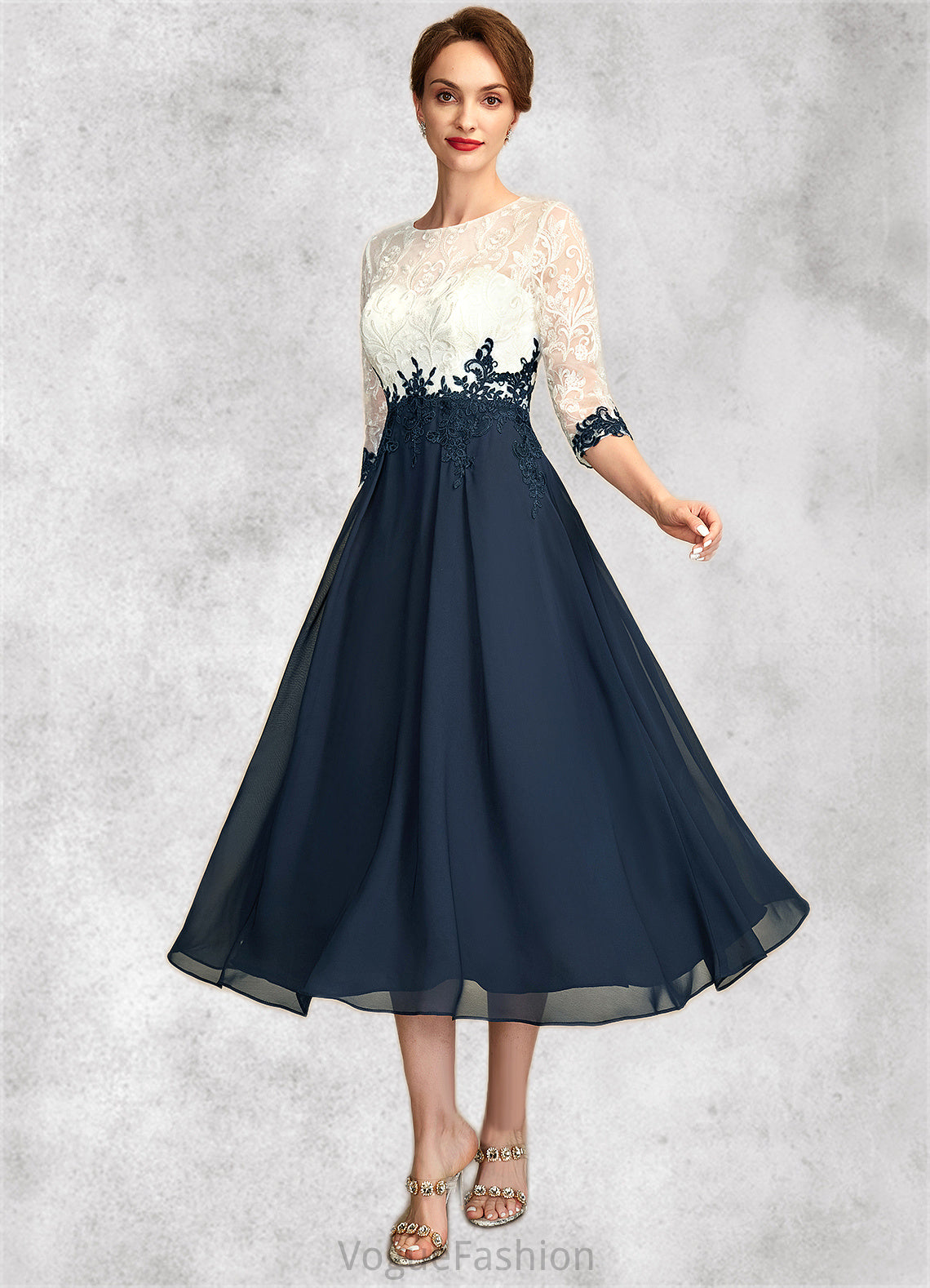 Ximena A-Line Scoop Neck Tea-Length Chiffon Lace Mother of the Bride Dress DK126P0015002