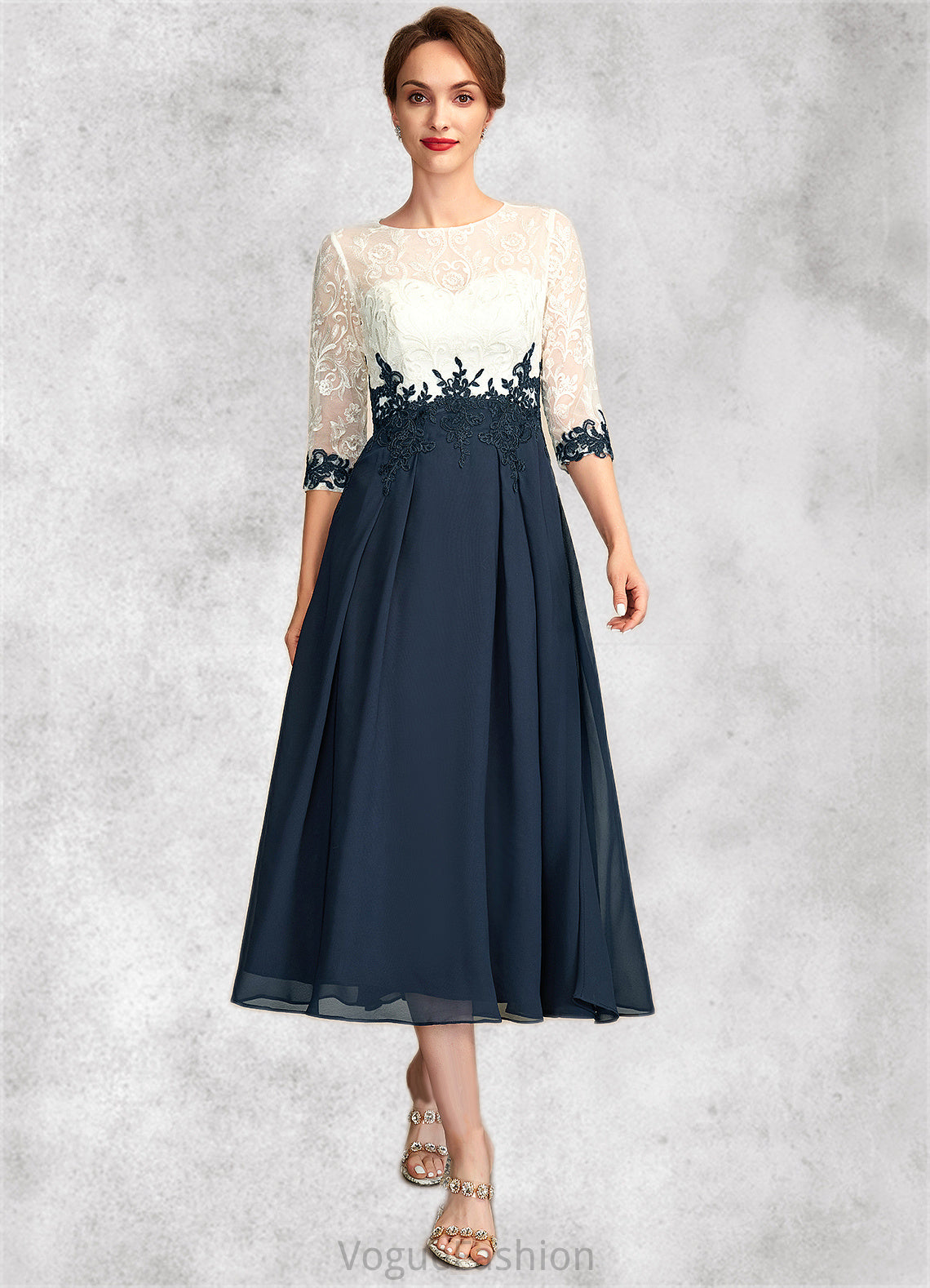 Ximena A-Line Scoop Neck Tea-Length Chiffon Lace Mother of the Bride Dress DK126P0015002