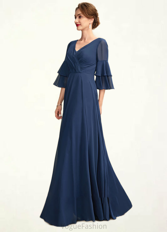 Mariyah A-Line V-neck Floor-Length Chiffon Mother of the Bride Dress With Cascading Ruffles DK126P0015003