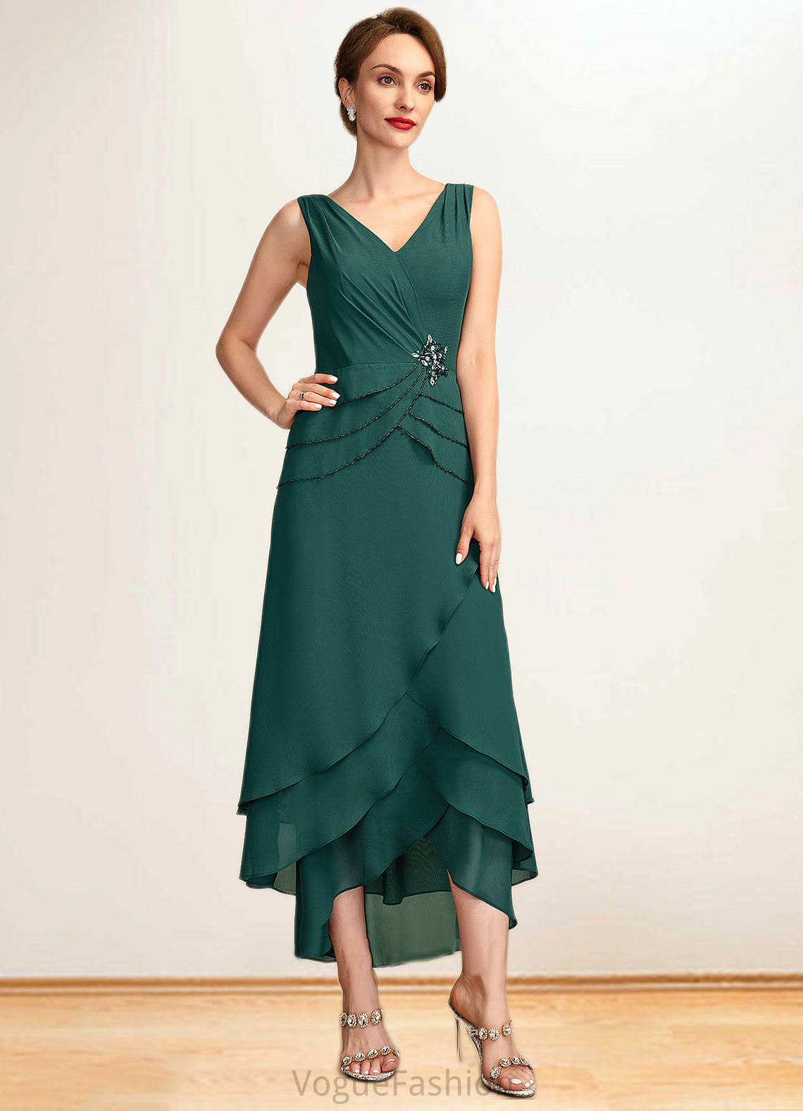 Ellie A-Line V-neck Asymmetrical Chiffon Mother of the Bride Dress With Beading Sequins Cascading Ruffles DK126P0015005