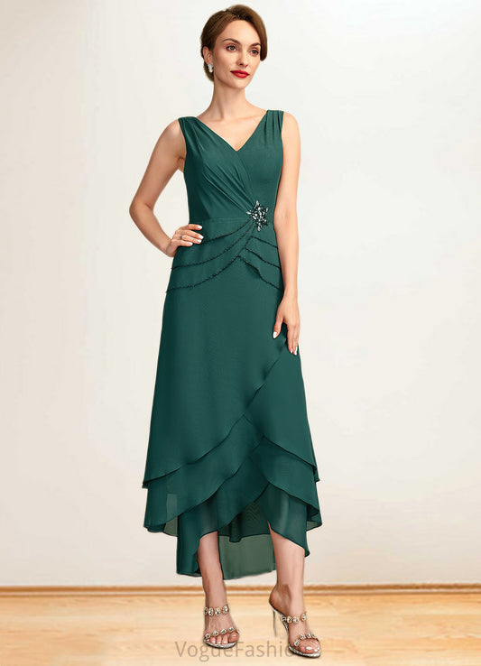 Ellie A-Line V-neck Asymmetrical Chiffon Mother of the Bride Dress With Beading Sequins Cascading Ruffles DK126P0015005