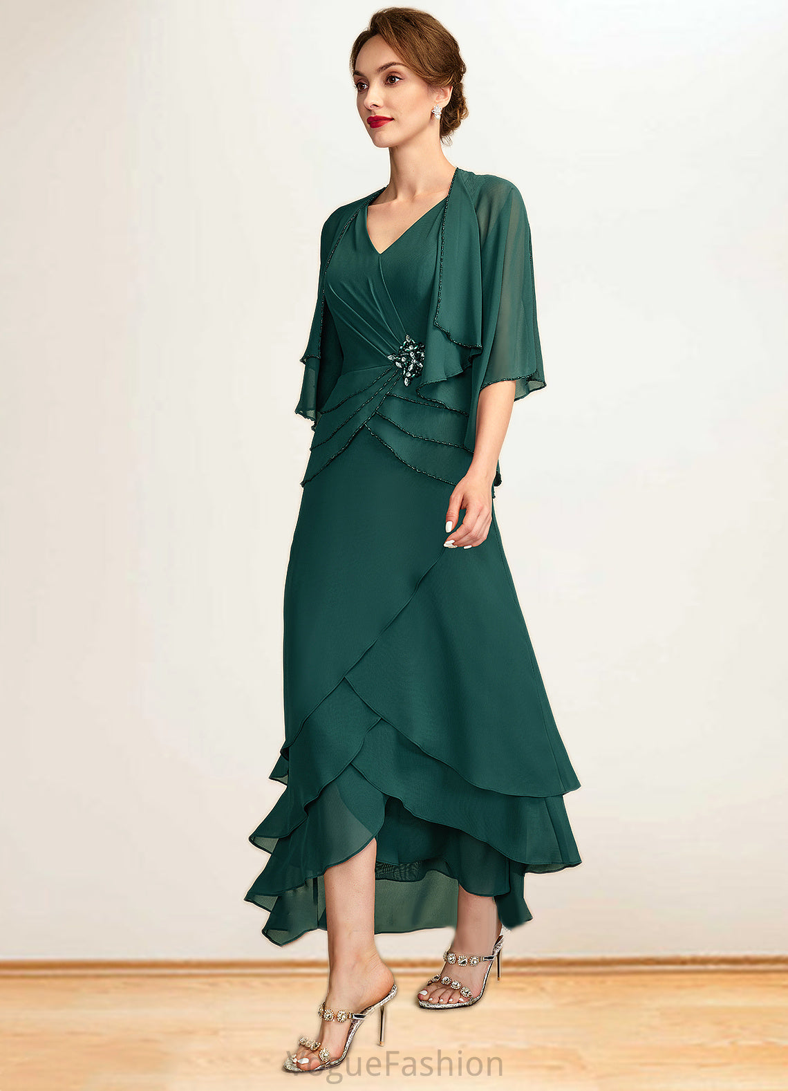 Ellie A-Line V-neck Asymmetrical Chiffon Mother of the Bride Dress With Beading Sequins Cascading Ruffles DK126P0015005