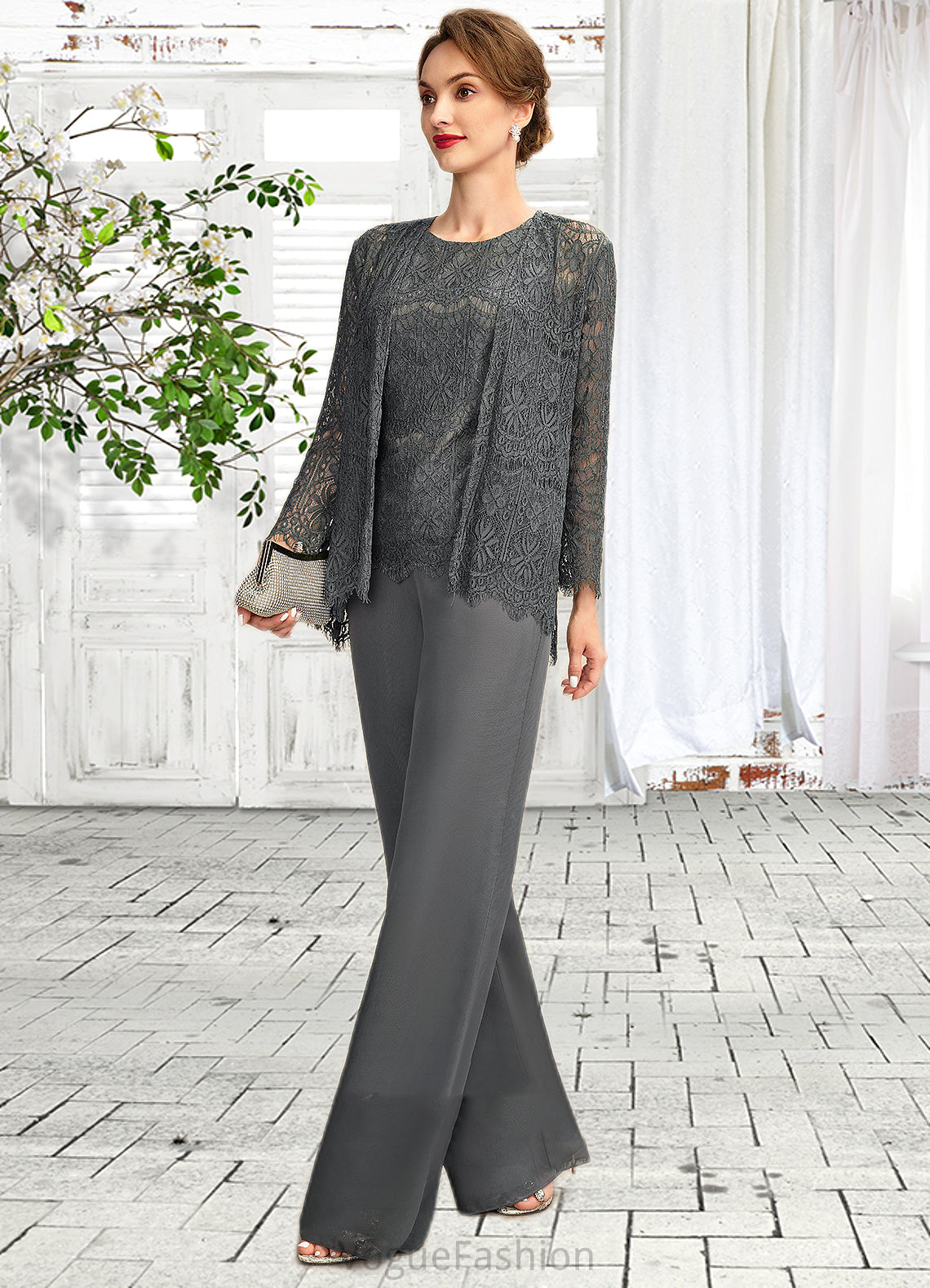 Ellie Jumpsuit/Pantsuit Scoop Neck Floor-Length Chiffon Lace Mother of the Bride Dress DK126P0015006