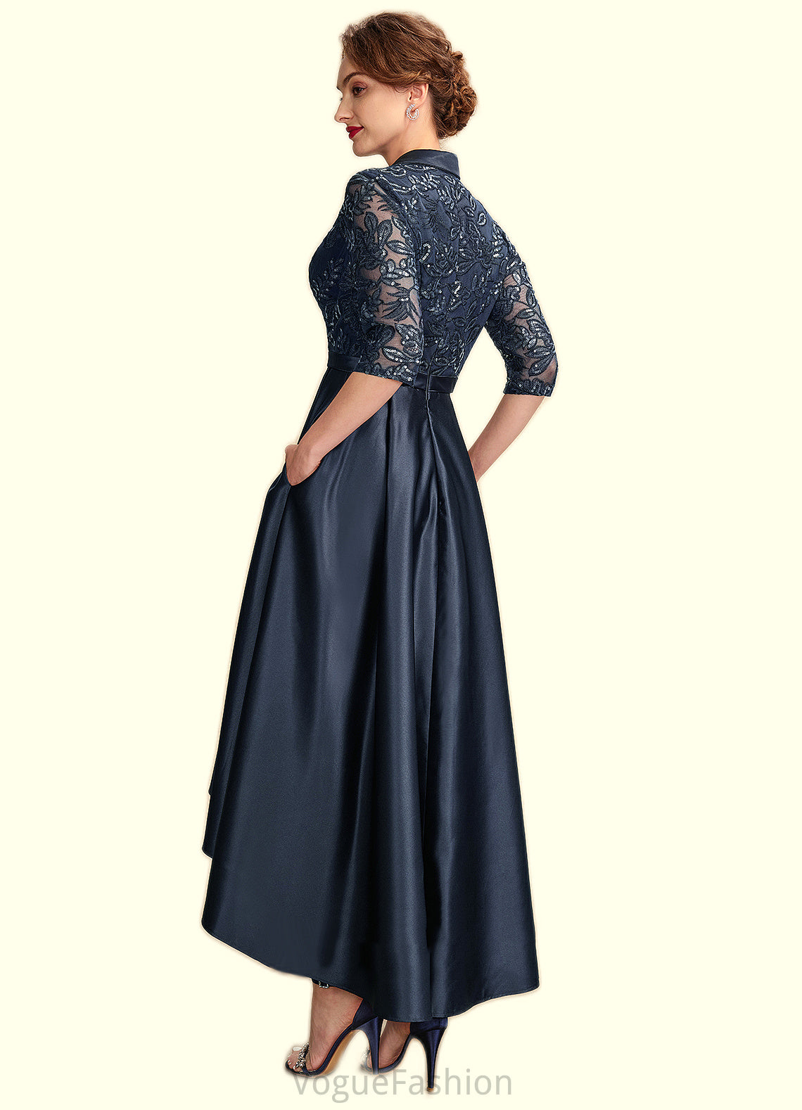 Bella A-Line V-neck Asymmetrical Satin Lace Mother of the Bride Dress With Sequins Pockets DK126P0015008