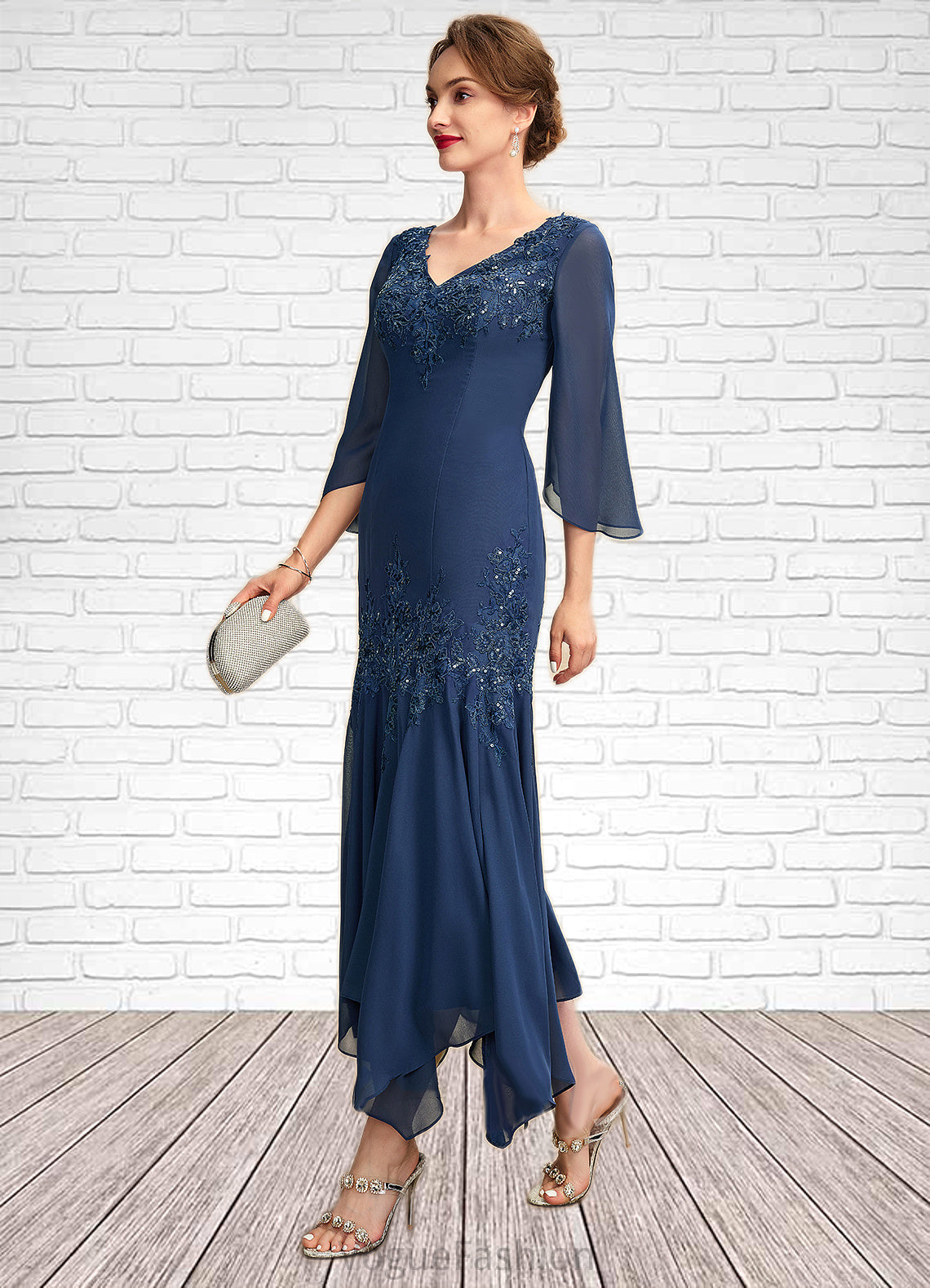 Itzel Trumpet/Mermaid V-neck Ankle-Length Chiffon Mother of the Bride Dress With Appliques Lace Sequins DK126P0015009