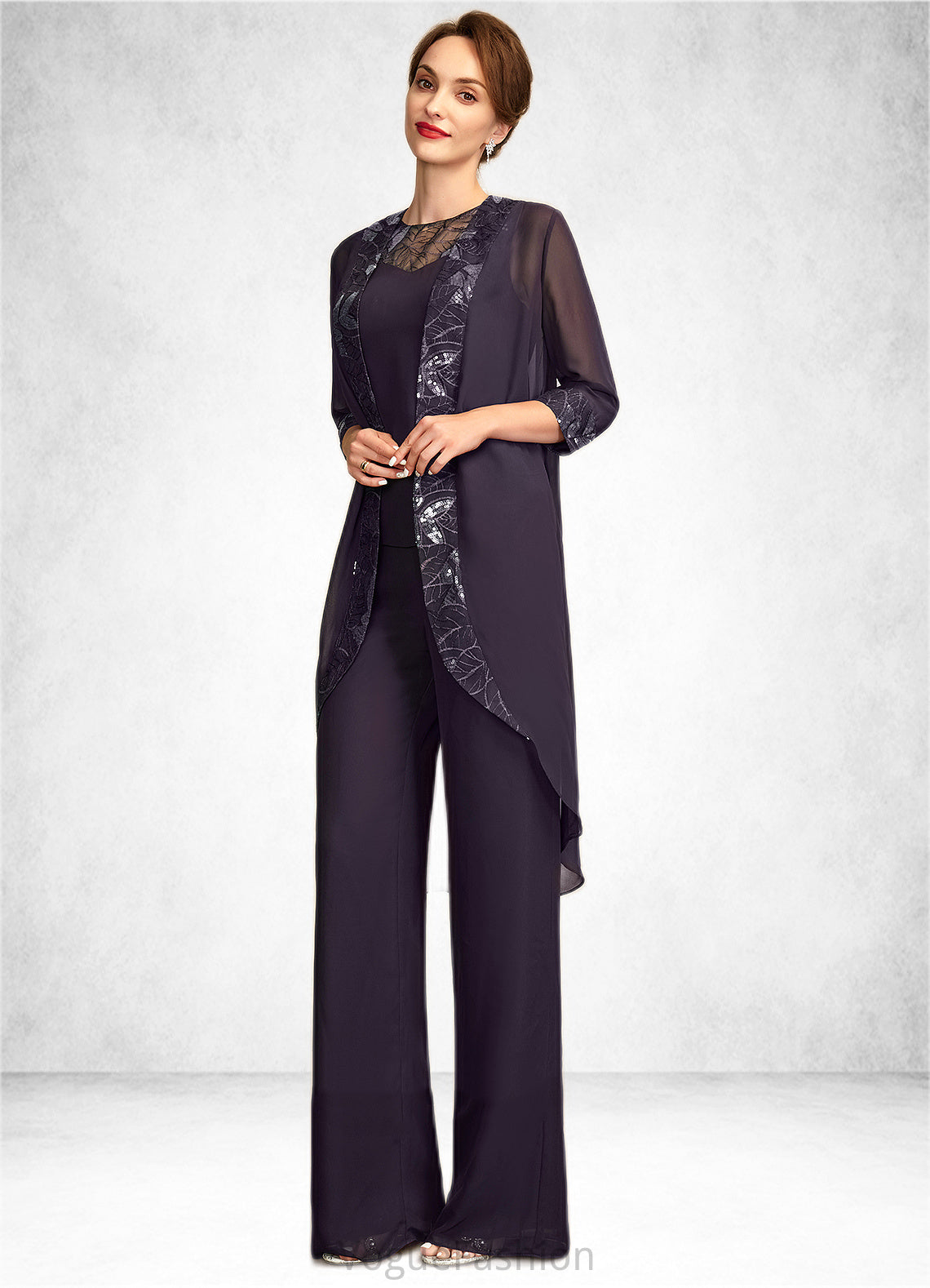 Amanda Jumpsuit/Pantsuit Scoop Neck Floor-Length Chiffon Lace Mother of the Bride Dress With Sequins DK126P0015010